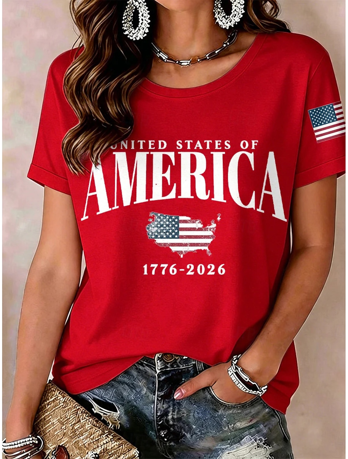 American Independence Day Women's T Shirt Print Graphic American Flag Vintage Fashion Casual Short Sleeve Crew Neck Regular Tops Casual Daily Weekend Red / Blue Summer Spring