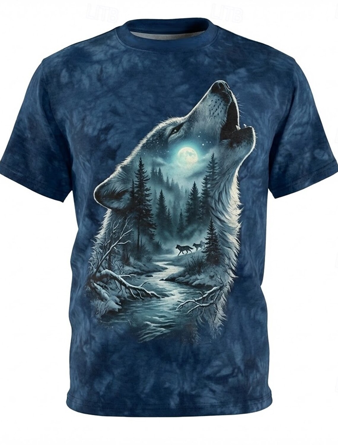 Howling Wolf Full Moon Forest 3D Graphic T Shirt Mens Purple Blue Tie Dye Nature Wildlife Short Sleeve Tee Clothing Apparel S M L XL XXL XXXL