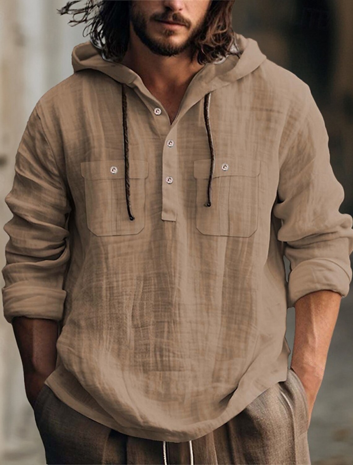 Men's Shirt Linen Shirt Summer Shirt Beach Shirt Hooded Shirt Plain Casual Daily Black White Blue Brown Long Sleeve Hooded Spring & Summer Clothing Apparel