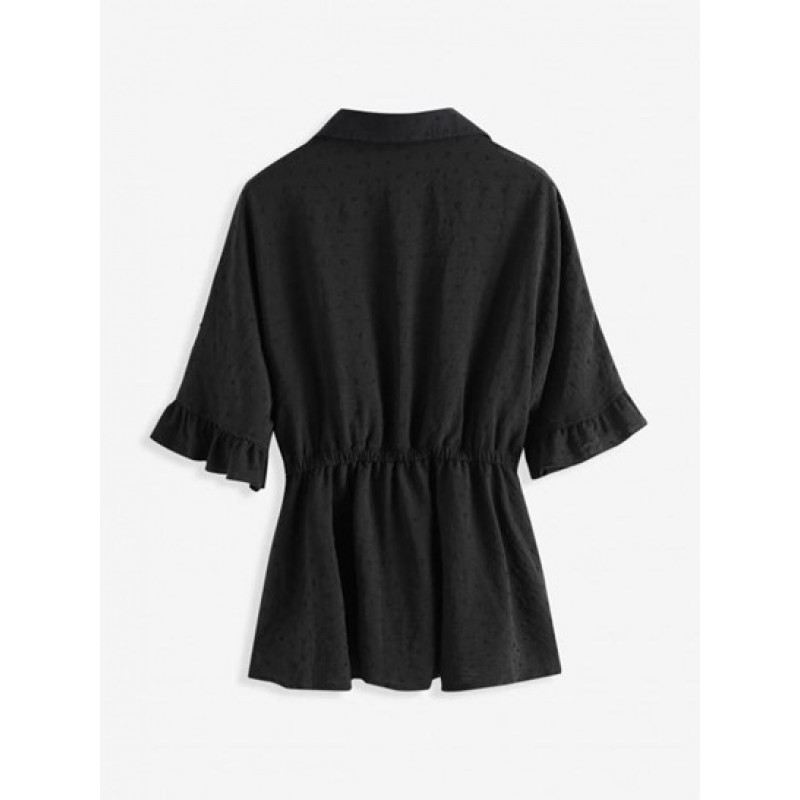 Swiss Dot Half Button Batwing Sleeve Peplum Blouse TO9345