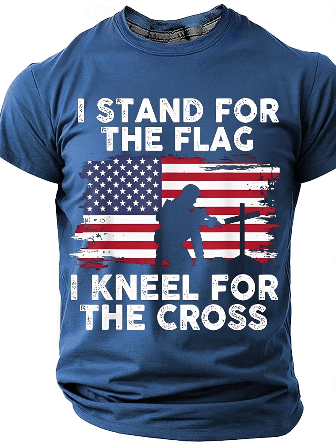 Memorial Day I Stand For The Flag I Kneel For The Cross Men's Bible American Flag Kneeling Soldier Christian Cross Patriotic Graphic T Shirt Vintage Casual Tee Designer Clothing Apparel