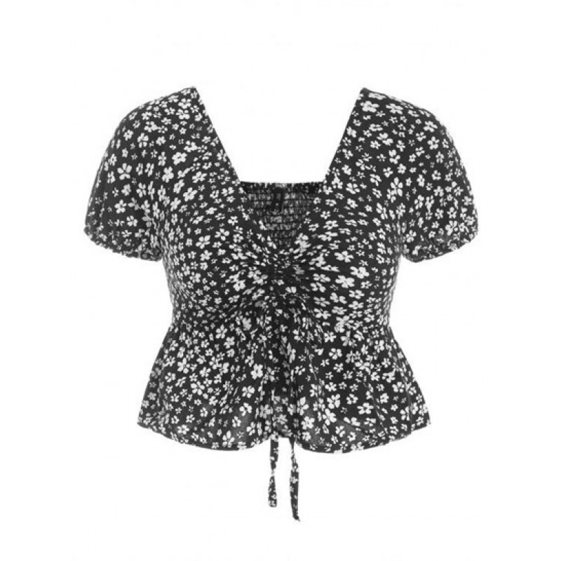 Ditsy Print Smocked Cinched Peplum Blouse CW4405