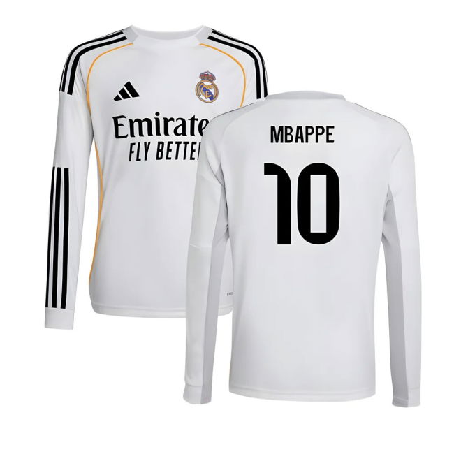 2025-2026 Real Madrid Long Sleeve Home Shirt (Kids) (Mbappe 10) - S...