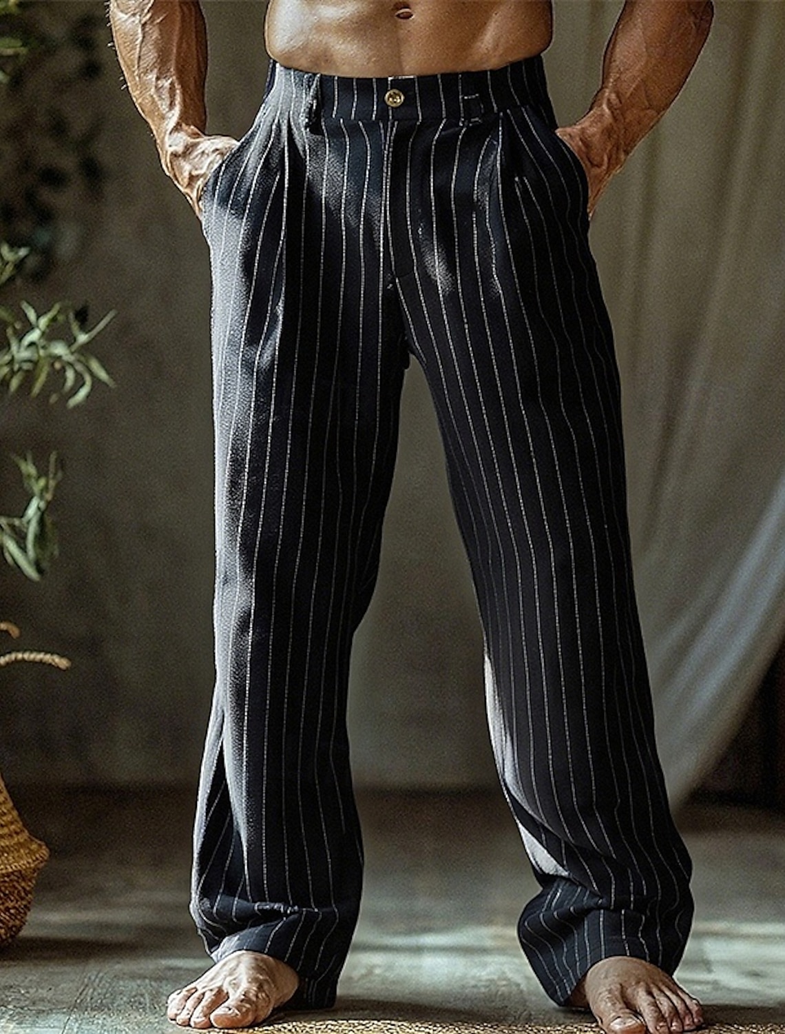 Men's Linen Pants Trousers Summer Pants Beach Pants Buttons Pocket Straight Leg Plain Comfort Breathable Vacation Daily Holiday Hawaiian Boho Black White