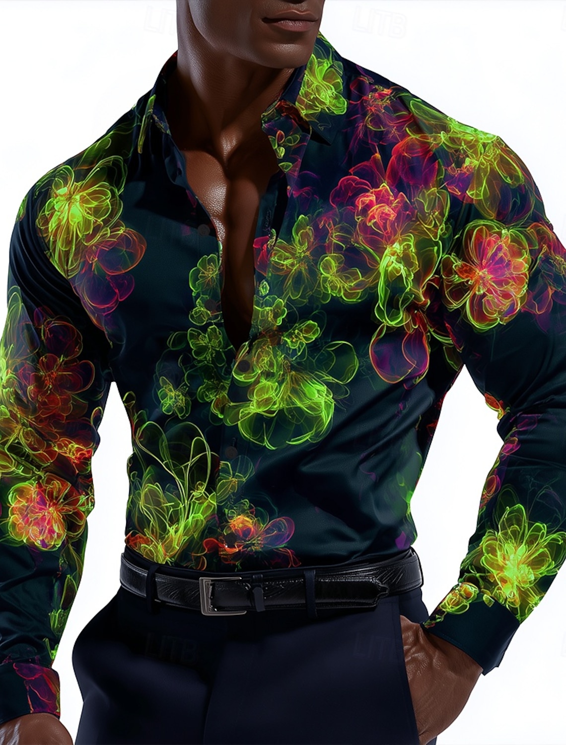 Men's Floral Print Neon Flowers Shirt Button Up Casual Dress Long