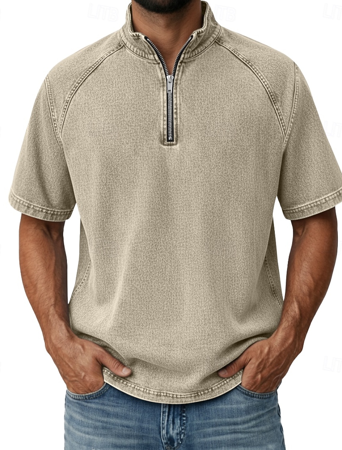 Men's Denim Shirt 100% Cotton Acid Wash Tee Top Short Sleeve Stand