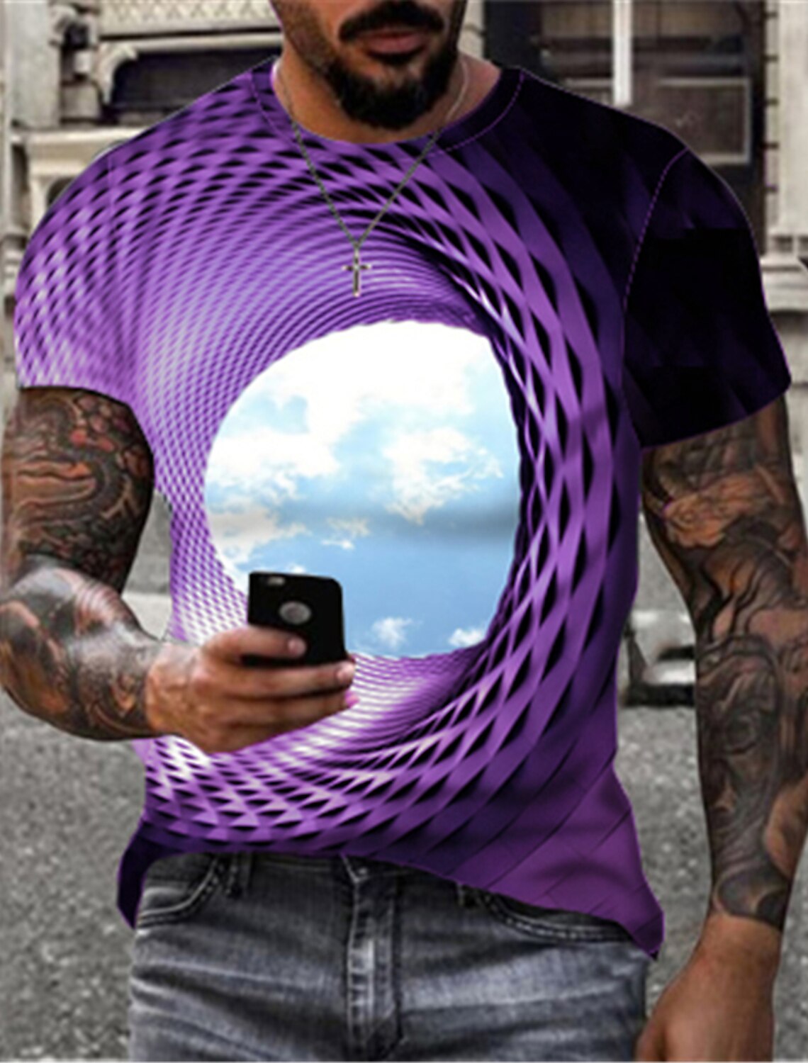 Men's Optical Illusion Clouds T Shirt Short Sleeve 3D Print Round Neck