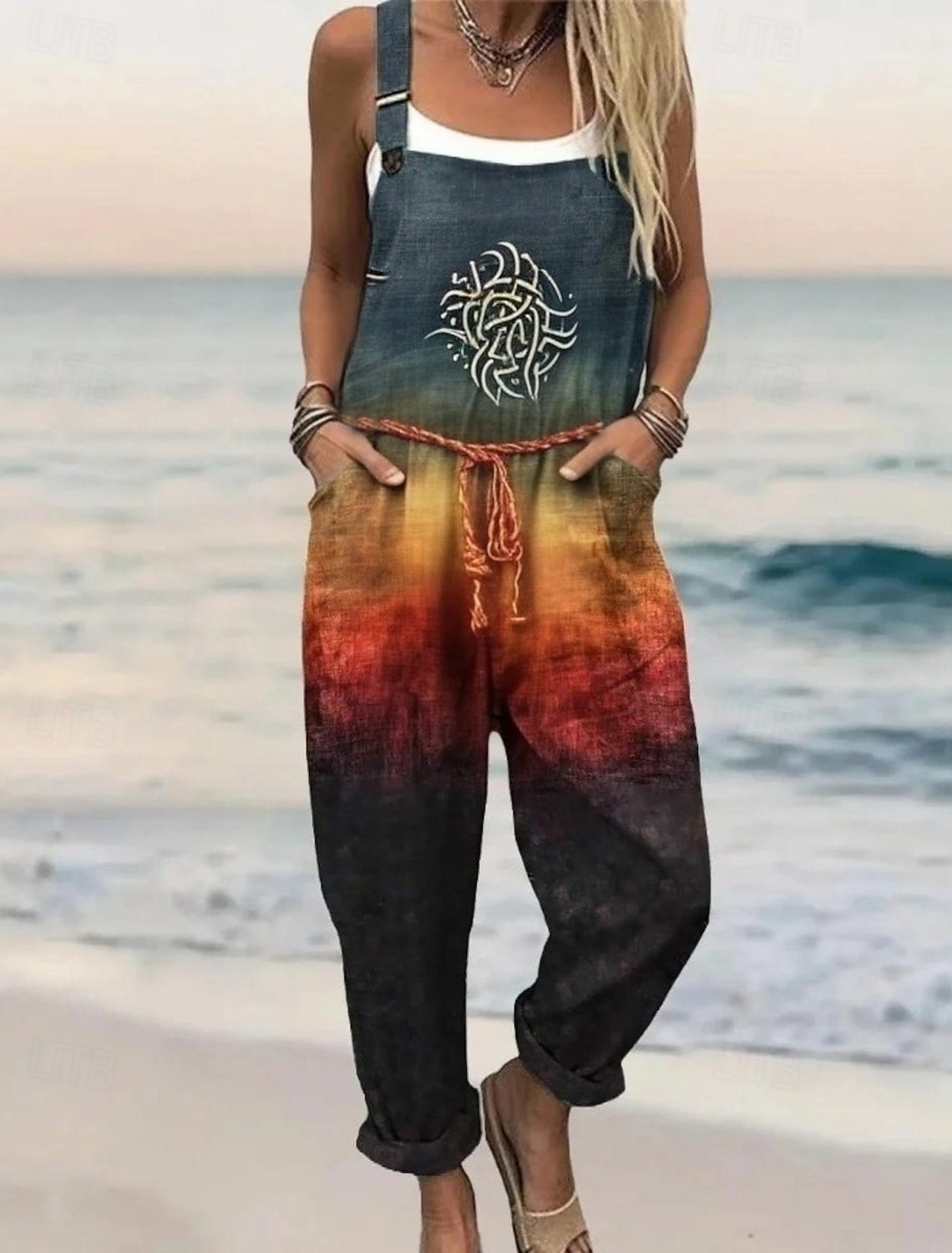 Women's Overall Active Floral Sleeveless Harem Round Neck Pocket Print Daily Home Loose Fit Blue Red Orange Summer