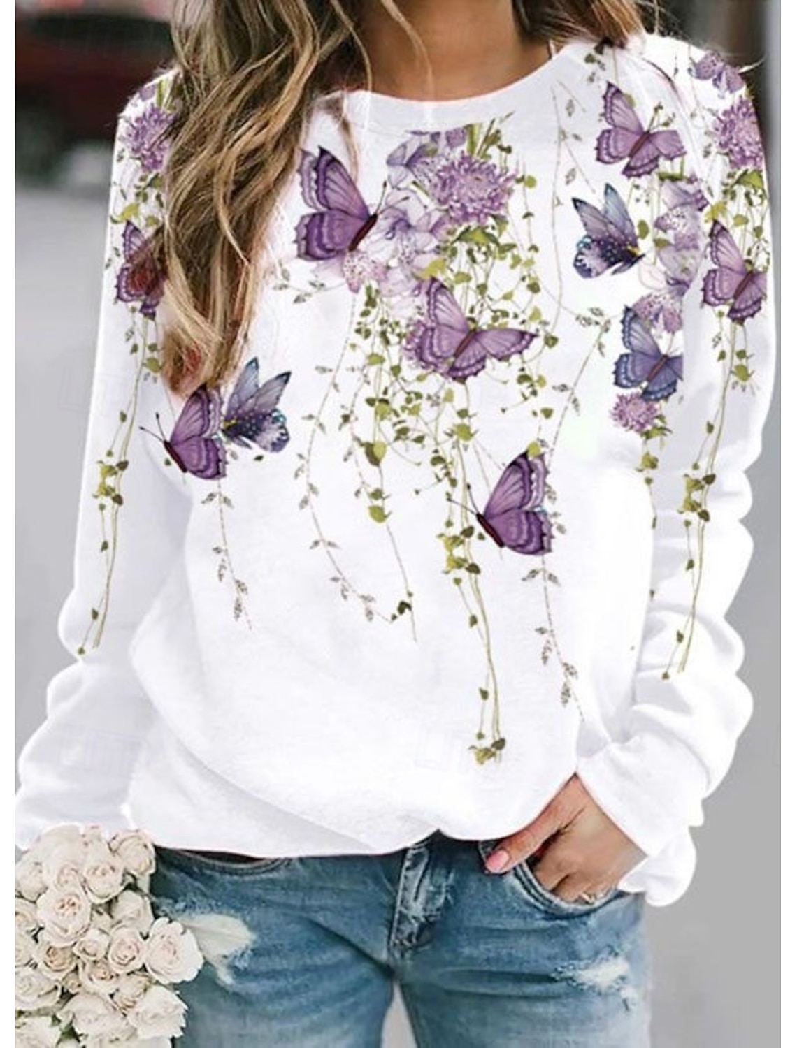 Women's T shirt Long Sleeve Crew Neck Long Sleeve Tunic Floral Graphic Butterfly Vintage Stylish Classic Round Neck Regular Tops Daily Print Black White Yellow Pink Blue Fall Prefall
