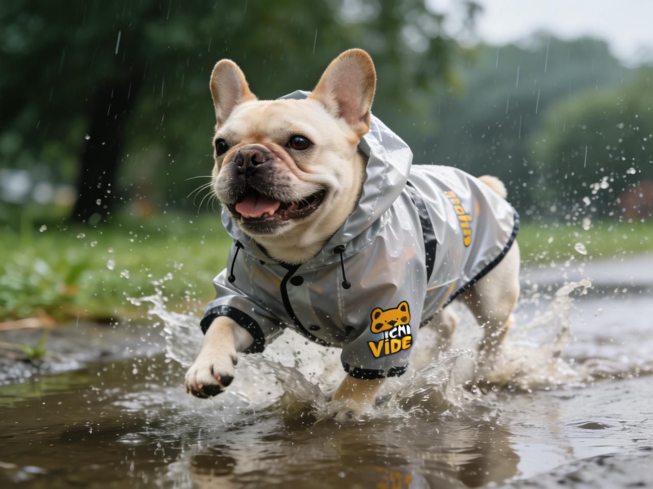 A happy Frenchie splashing in a puddle while wearing a Frenchie Vibe raincoat