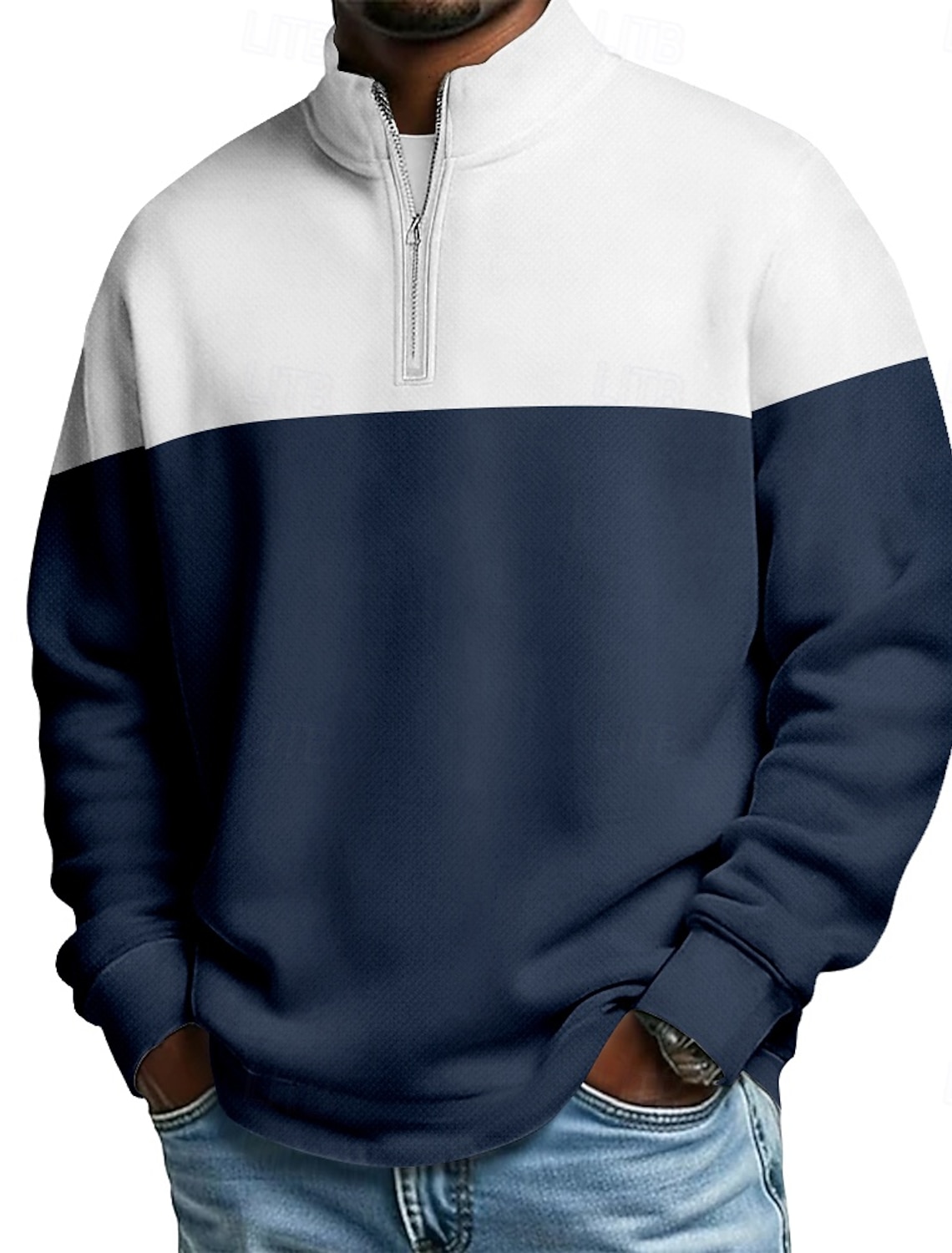 Men's Color Block Zip Polo Shirts Long Sleeve Grandad Collar Casual