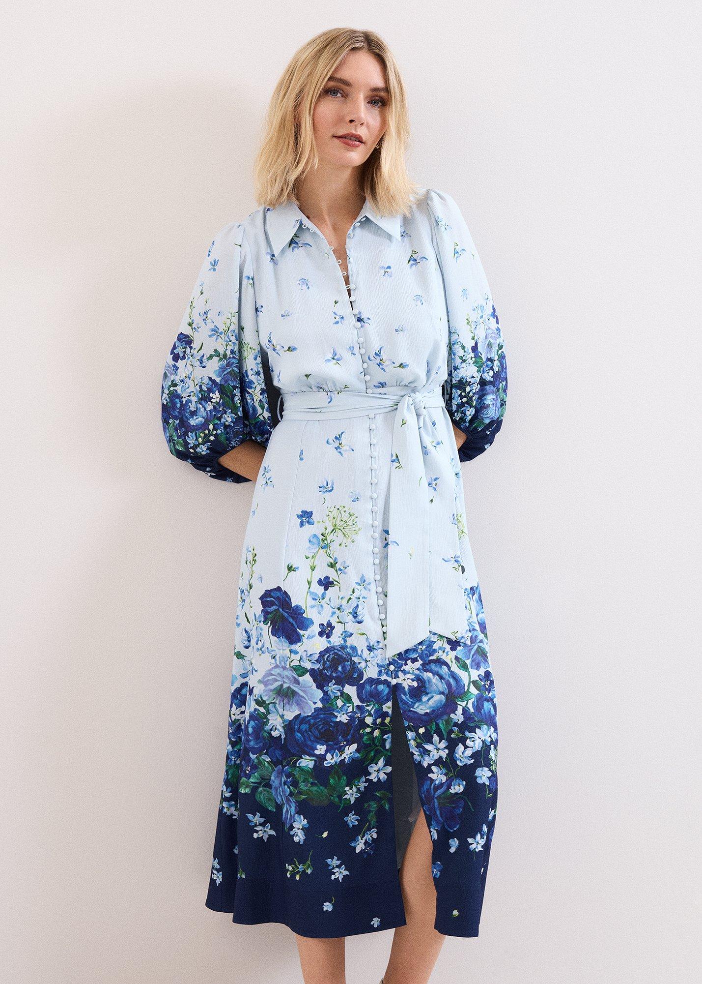 Petite Noella Blue Floral Shirt Midaxi Dress