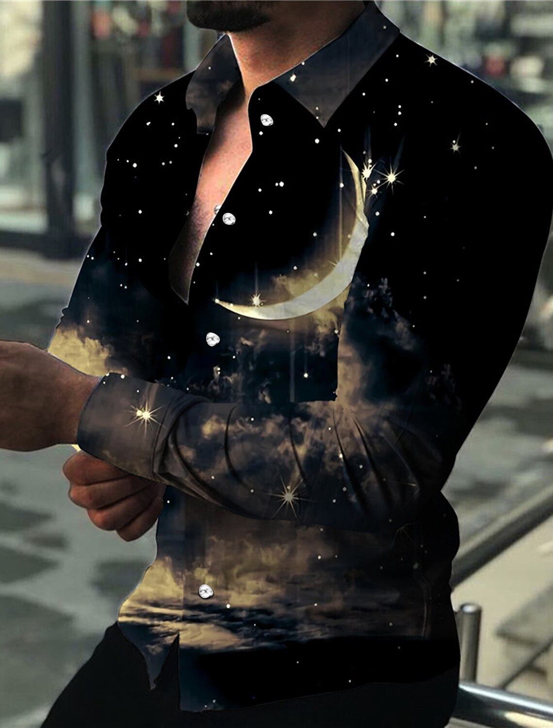 Men's Moon Shirt Button Up Shirt Long Sleeve Fashion Designer Casual Outdoor Street Holiday Summer Spring Turndown Print Button-Down Black White Red Blue