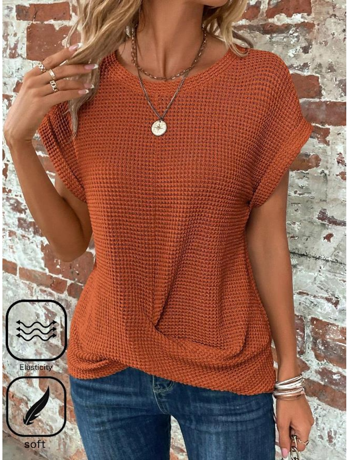 Women's Knitted Top V-neck Short Sleeve Elastic Soft Burnt Casual Loose Fit Versatile Spring Fall Clothing Apparel