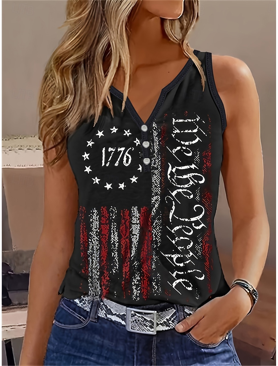 Independence Day American Anniversary Patriotic Women's Camisole Tank Top Flag Daily Stylish Sleeveless Notched Neck Regular Tops Daily Holiday Buttons Print Black Summer