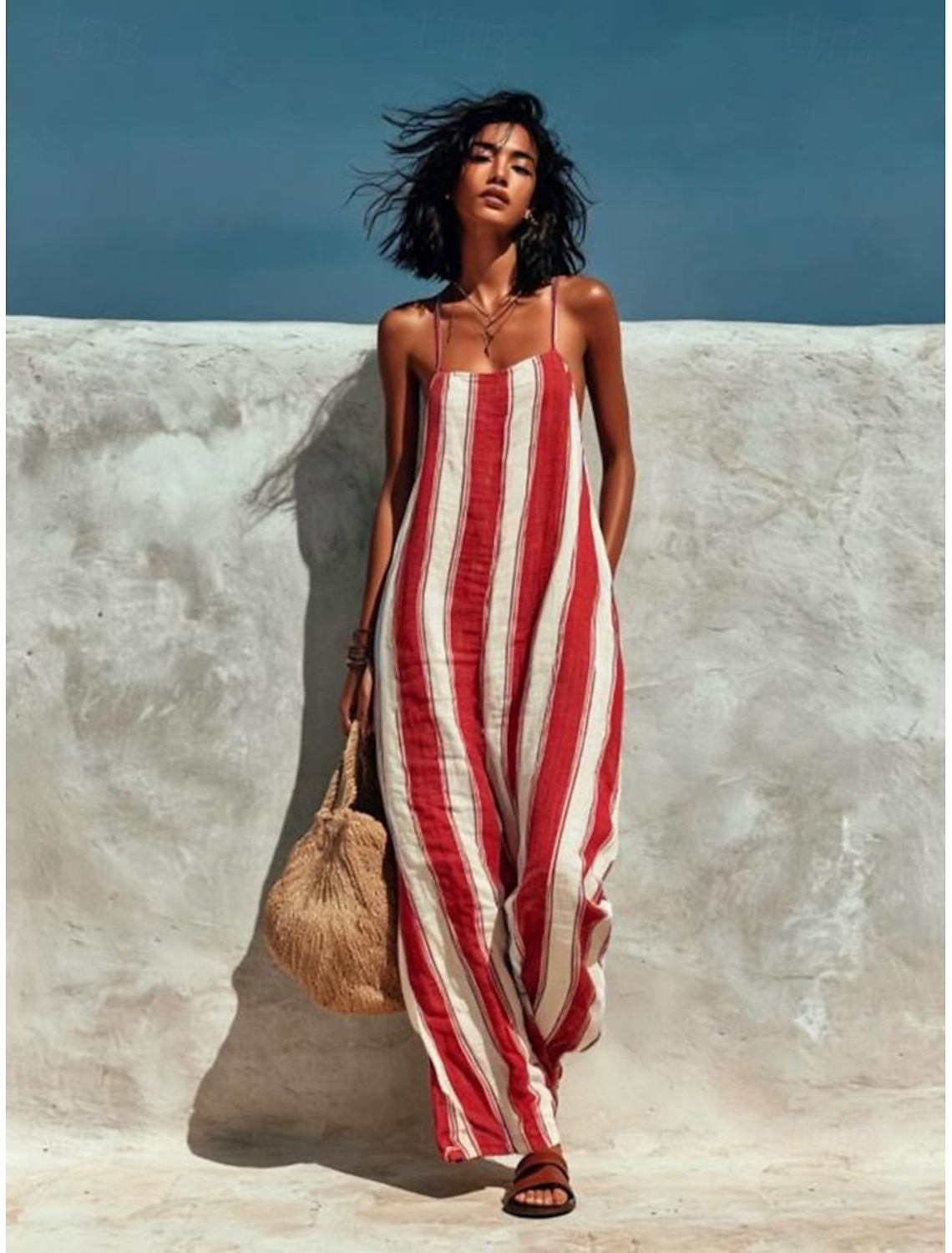 Women's Jumpsuit Vacation Full Length High Waist Striped Pocket Micro-elastic Yellow Red Royal Blue Summer Spring Loose Fit
