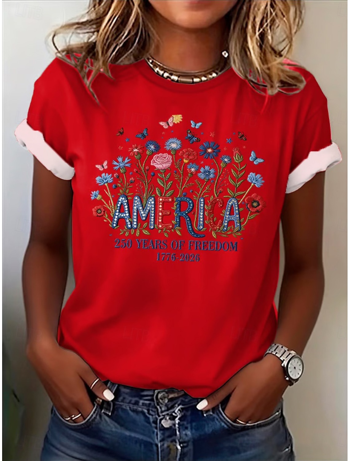 American Independence Day Women's T Shirt Print Floral Graphic Flag Stylish Classic Casual Short Sleeve Crew Neck Round Neck Regular Tops Casual Daily Blue Black White Pink Red Summer Spring