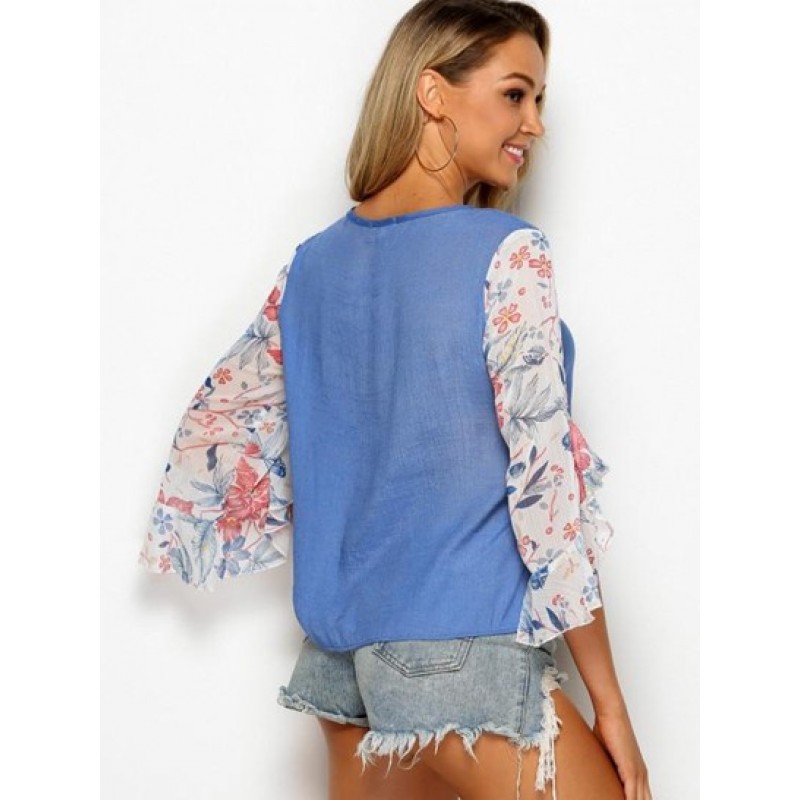 Tie Collar Floral Panel Chambray Blouse WS4096