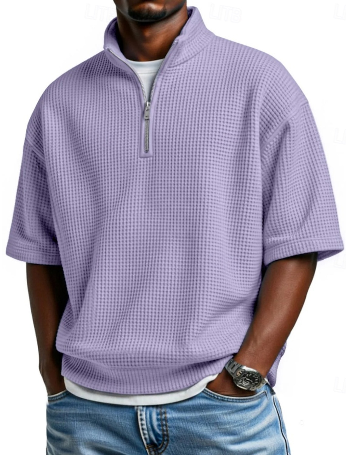 Men's Waffle Polo Shirts Polo Shirts Casual Daily Quarter Zip Short Sleeve Fashion Basic Plain Zipper Lightweight Summer Spring Regular Fit Wine Black White Navy Blue Sky Blue Purple Waffle Polo