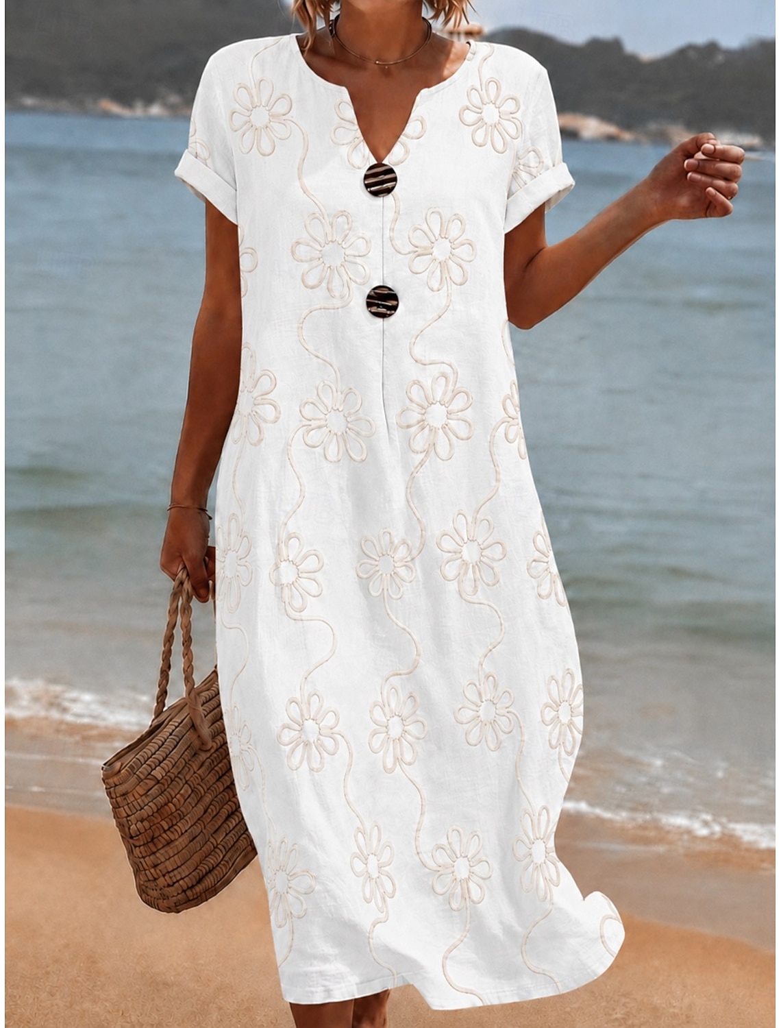 Women's Midi Dress Lace Dress White Dress Summer Dress Elegant Fashion Beach Vacation Holiday Loose Fit Floral Half Sleeve Crew Neck White Summer Spring
