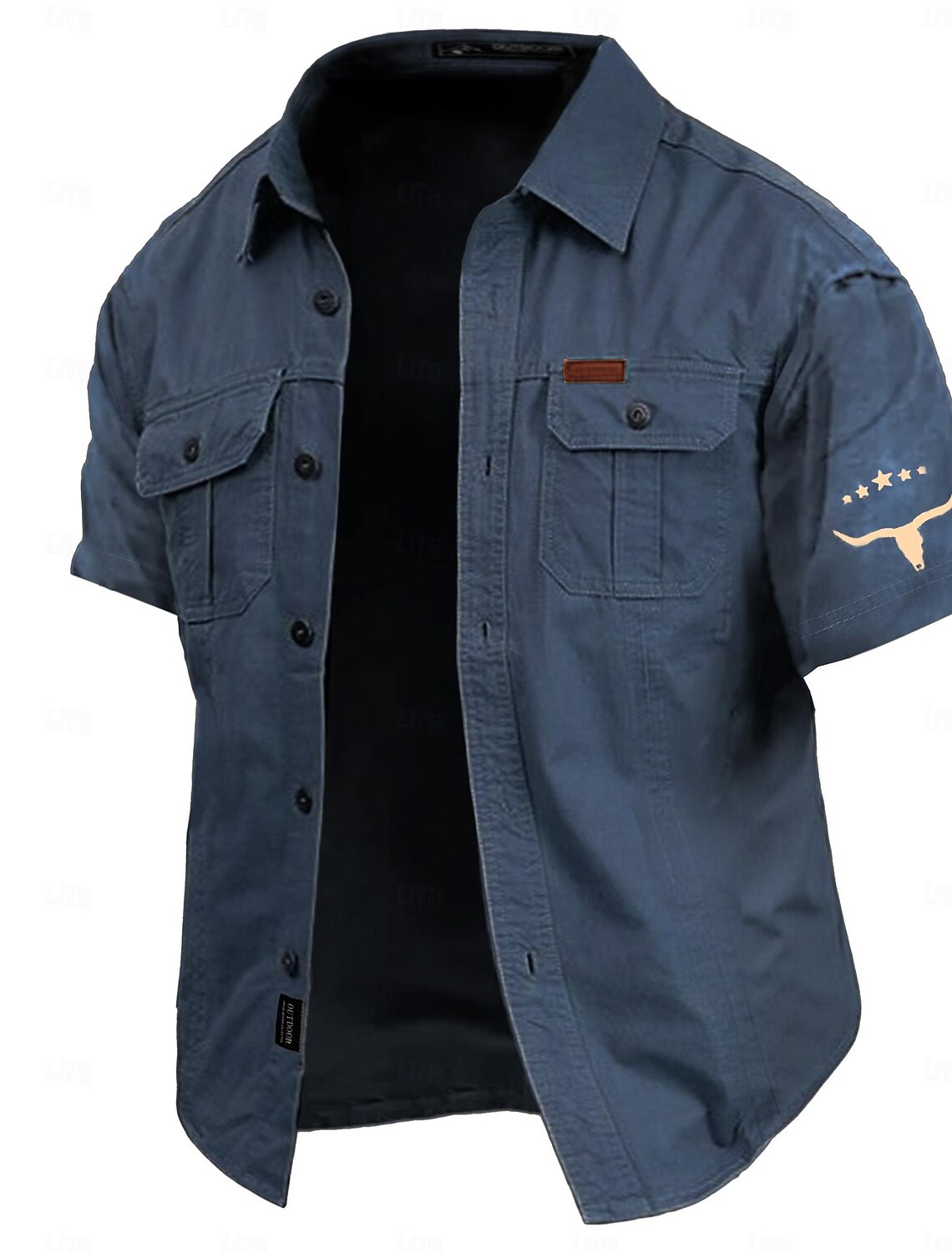 Men's Cow Print Work Shirt Western Cargo Short Sleeve Casual Tactical