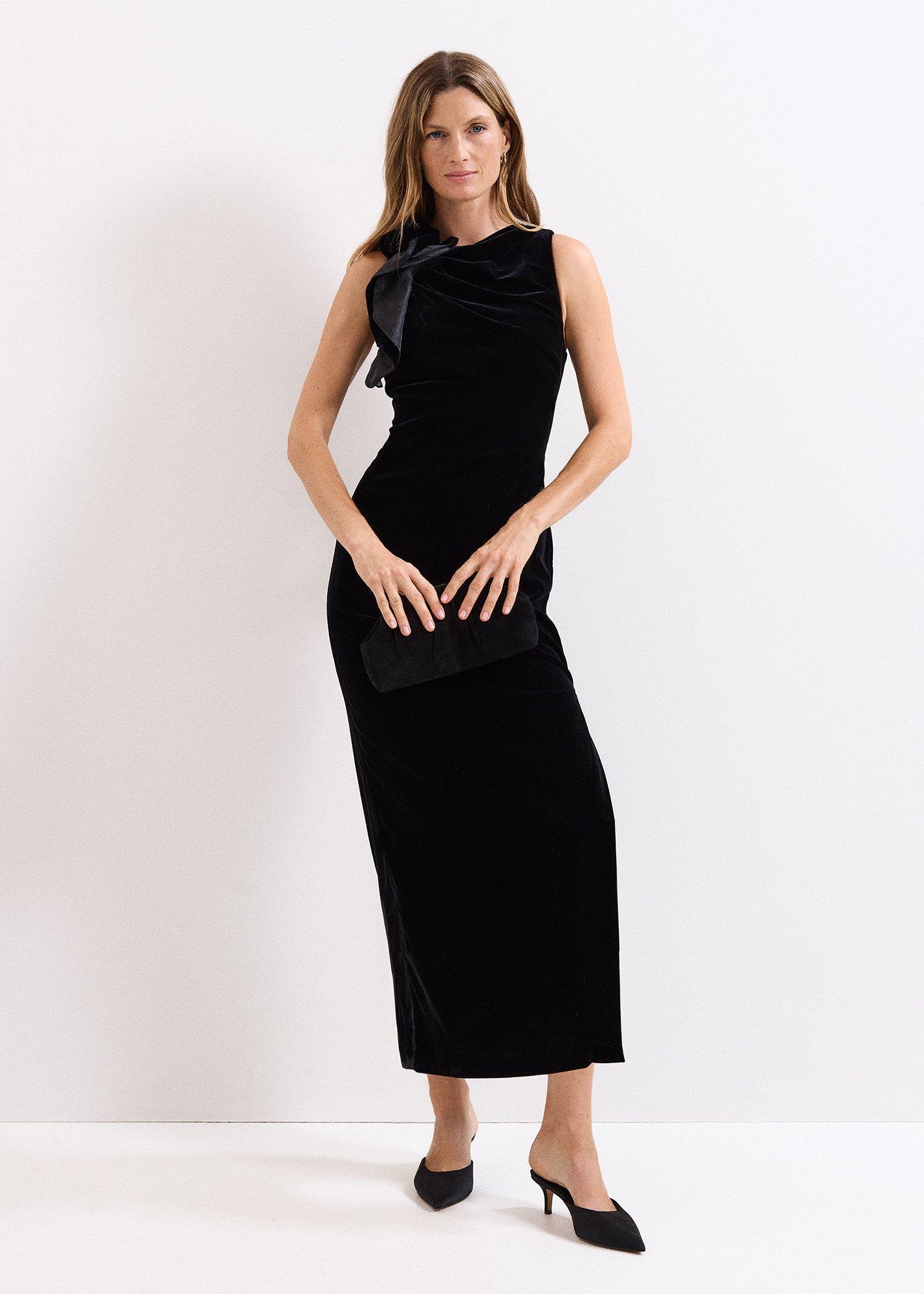 Melony Black Velvet Ruffle Maxi Dress