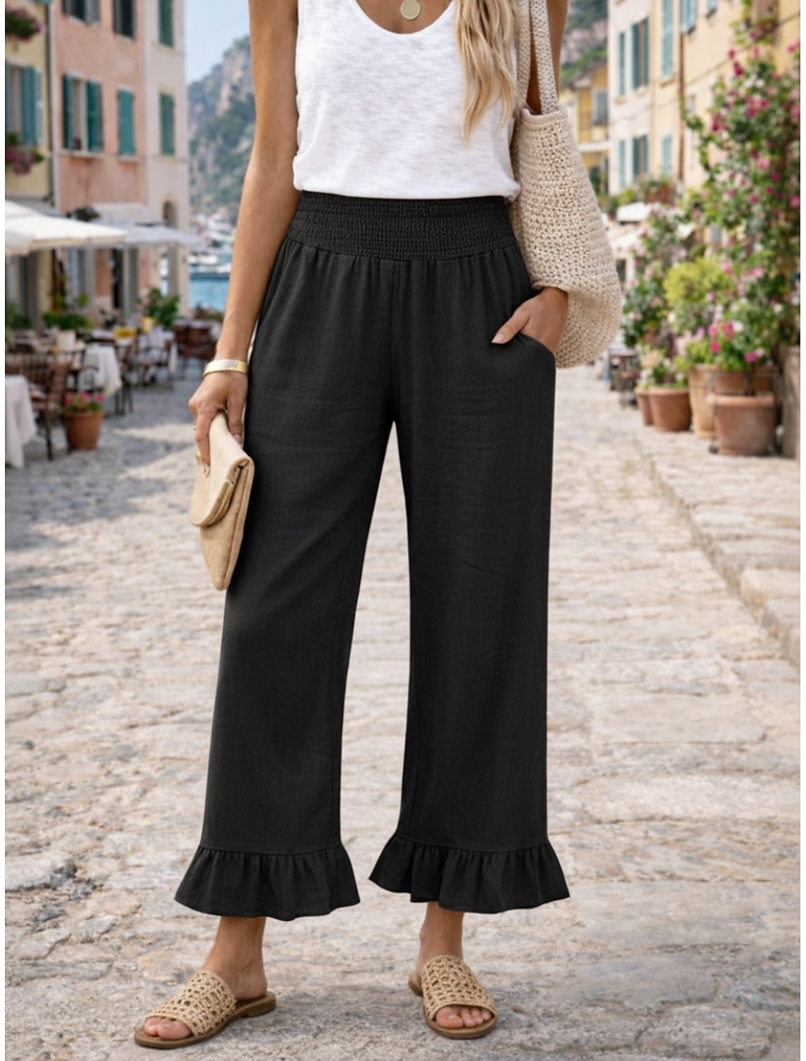 Women's Cotton Linen Pants Wide Leg Chinos Summer Pants Vacation Streetwear Basic Full Length Medium Waist Plain Pocket Elastic Waist Comfy Comfort Micro-elastic Outdoor Vacation Street claret Grey