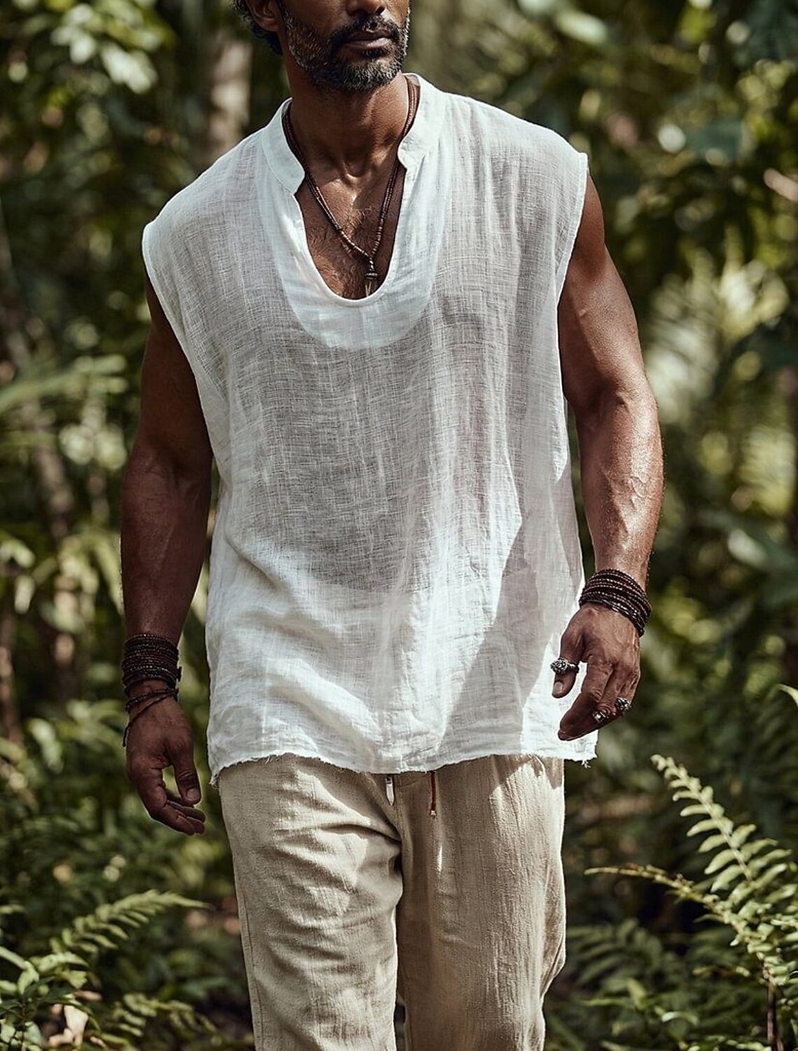 Men's Linen Shirt T Tank Sleeveless V Neck Summer Spring Solid Color