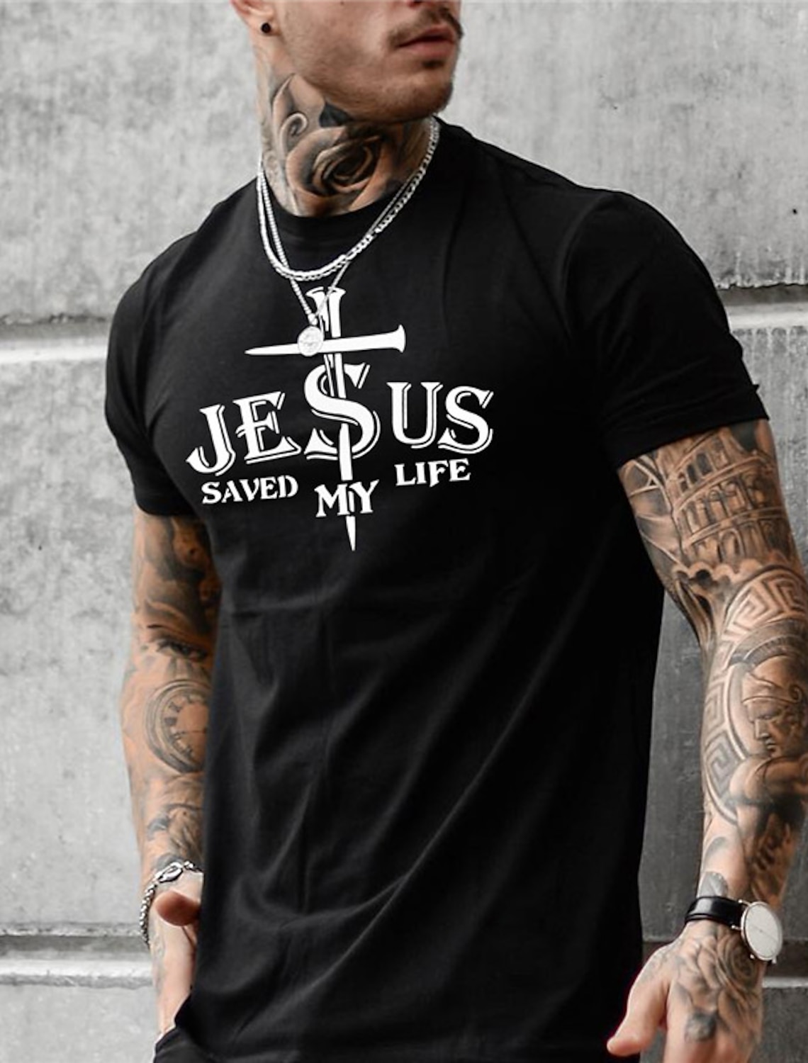 Men's T-Shirt 'Jesus Saved My Life' Christian Faith Short Sleeve Graphic Print