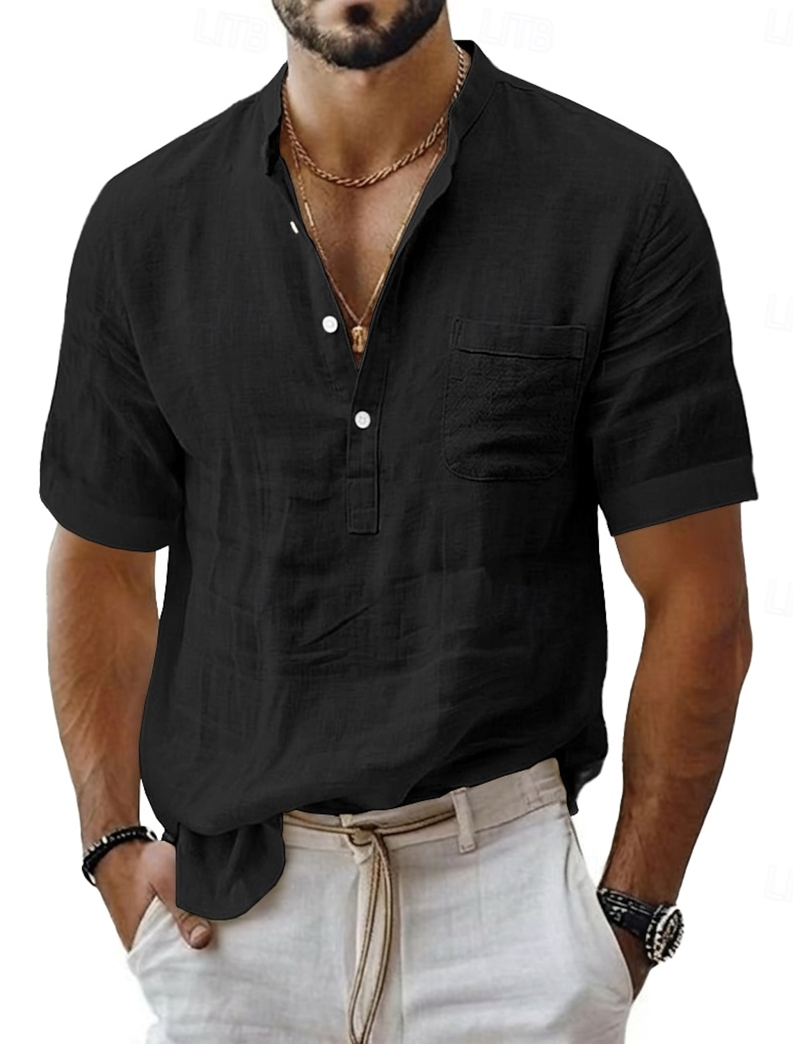 Men's Linen Shirt Popover Summer Beach Wear Band Collar Plain Casual