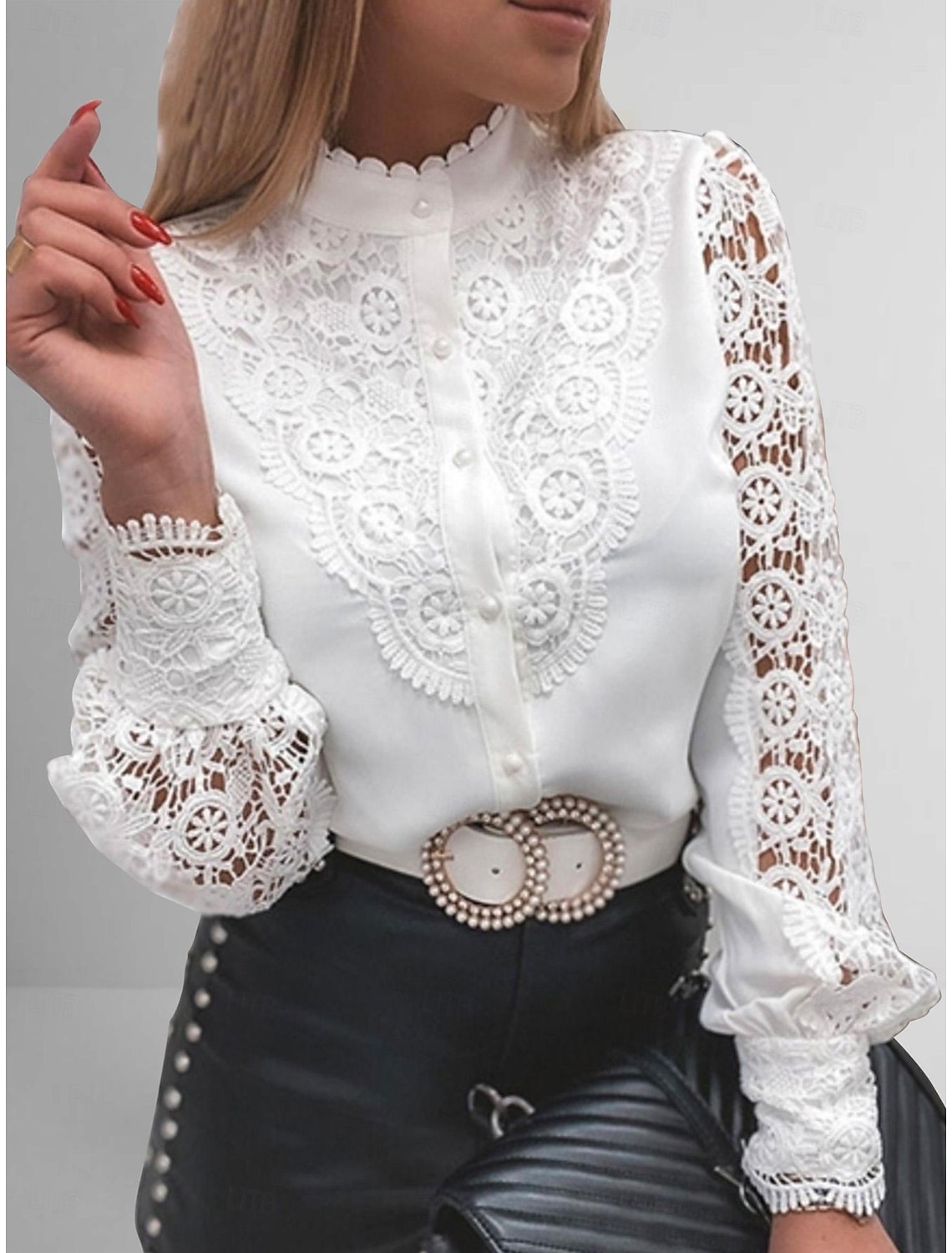 Women's Shirt Blouse Eyelet top White Eyelet Tops Picture color 2 Plain Lace Cut Out Long Sleeve Casual Daily Elegant Round Neck Regular S