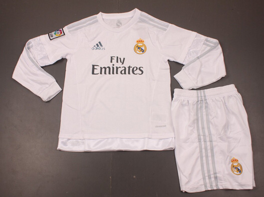 Kids Real Madrid 2015-16 Home Long Sleeve Soccer KitsShirtShorts -
