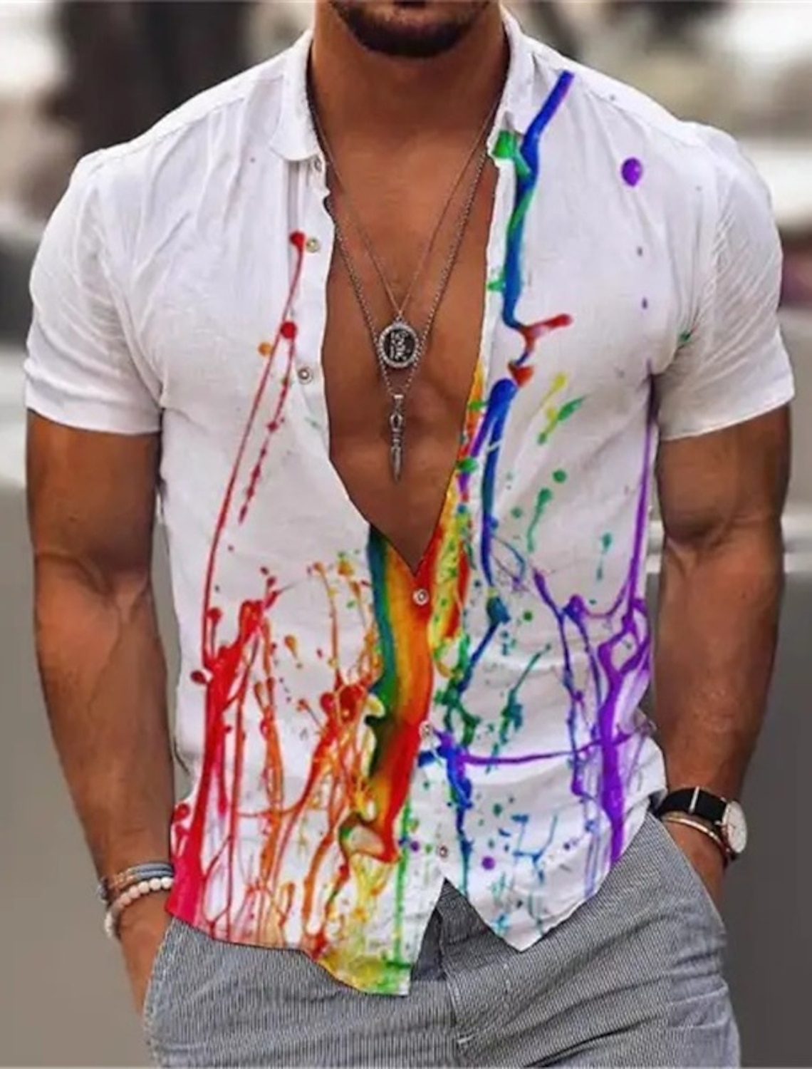 Men's Rainbow Geometric Pattern Pride Shirt Button Up Short Sleeve