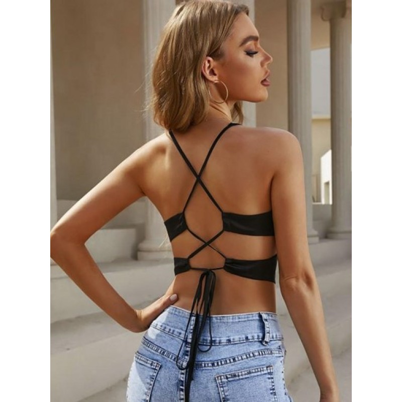 Cut Out Criss Cross Lace Up Open Back Cami Top KG8413