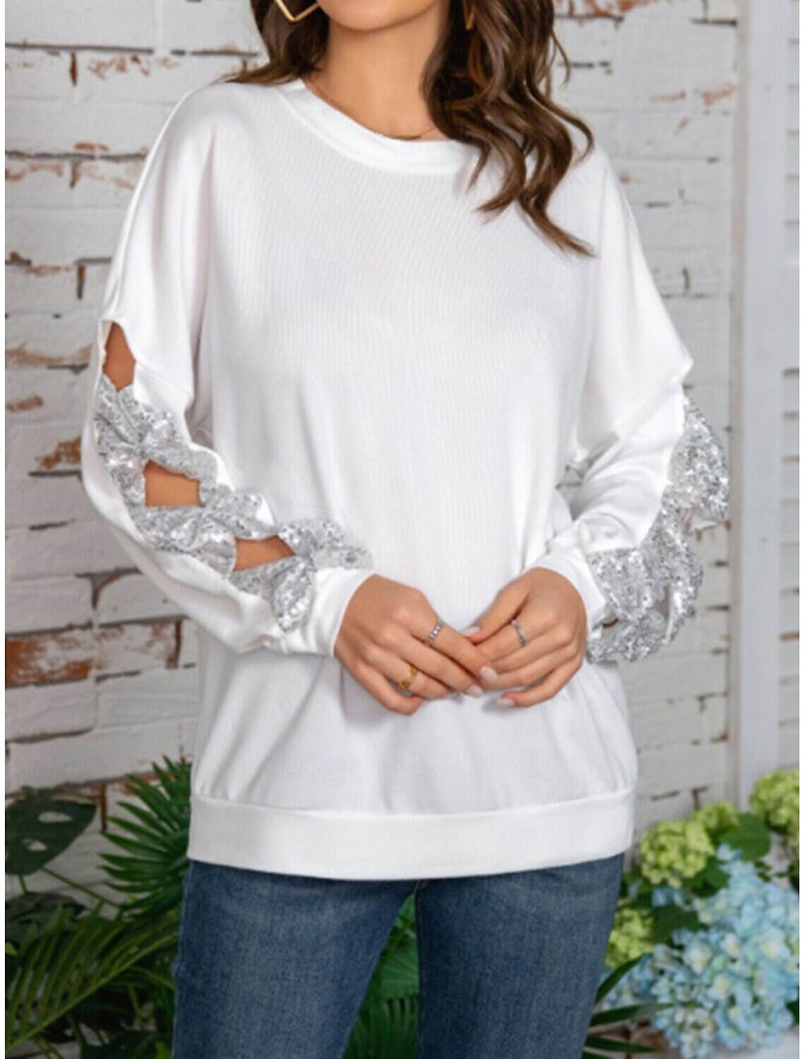Women's Shirt Blouse Basic Casual Solid Color Regular Tops Long Sleeve Crew Neck Sequins Patchwork Bow Regular Fit Daily Fall Winter
