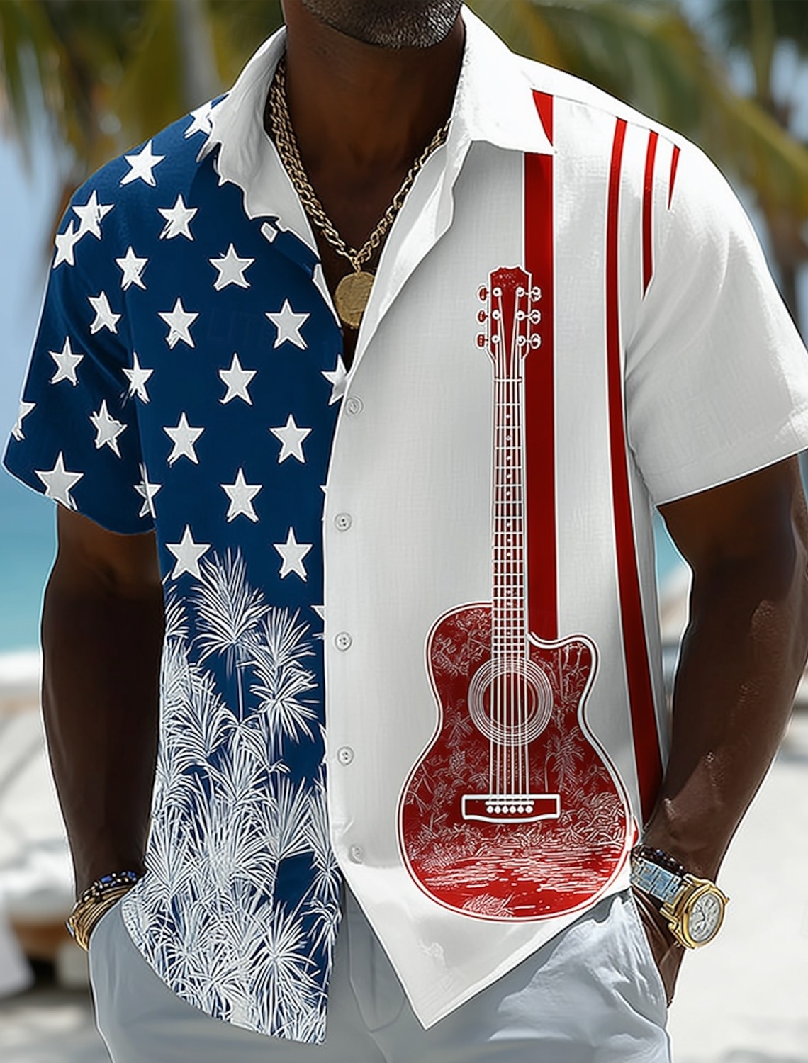Men's 4th of July U.S. 250th Anniversary Guitar American Flag Shirt Summer Shirt Tropical Shirts Short Sleeve Patriotic Vacation Holiday Summer Spring Turndown 3D Print Button Up Shirts Blue Dark