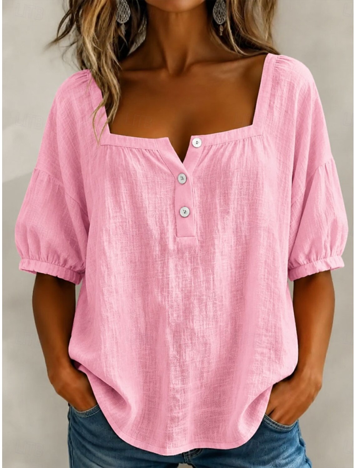 Women's Blouse Solid Color Daily Stylish Basic 3/4 Length Sleeve Square Neck Regular Tops Daily Blue Yellow Pink Summer Spring