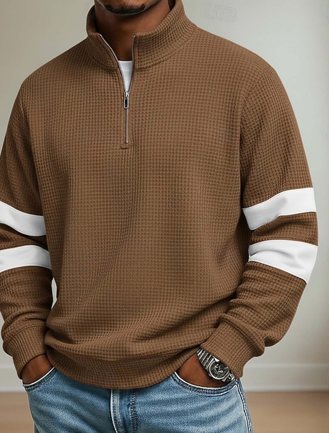 Men's Waffle Polo Shirts School Athleisure Standing Collar Long Sleeve