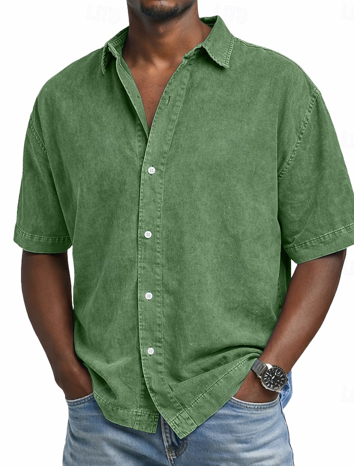 SoftFade™ Men's Shirt Casual Shirt Denim Shirt 100% Cotton Acid Wash Shirt Acid Wash Shirt Black Pink Navy Blue Purple Green Short Sleeve Plain Shirt Collar Casual Daily Clothing