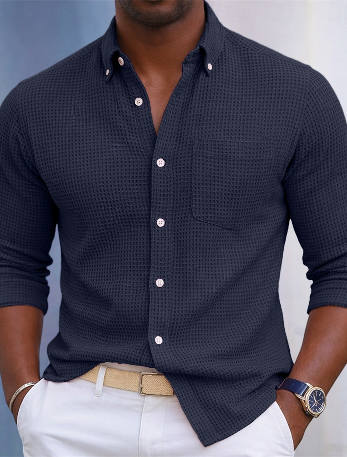 Men's Shirt Waffle Texture Casual Button Up Blue Pink Burgundy Navy