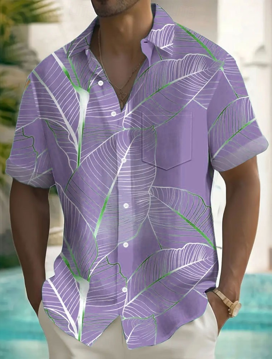 OUKU Men's Palm Leaf Tropical Plants Summer Hawaiian Shirt Button Up