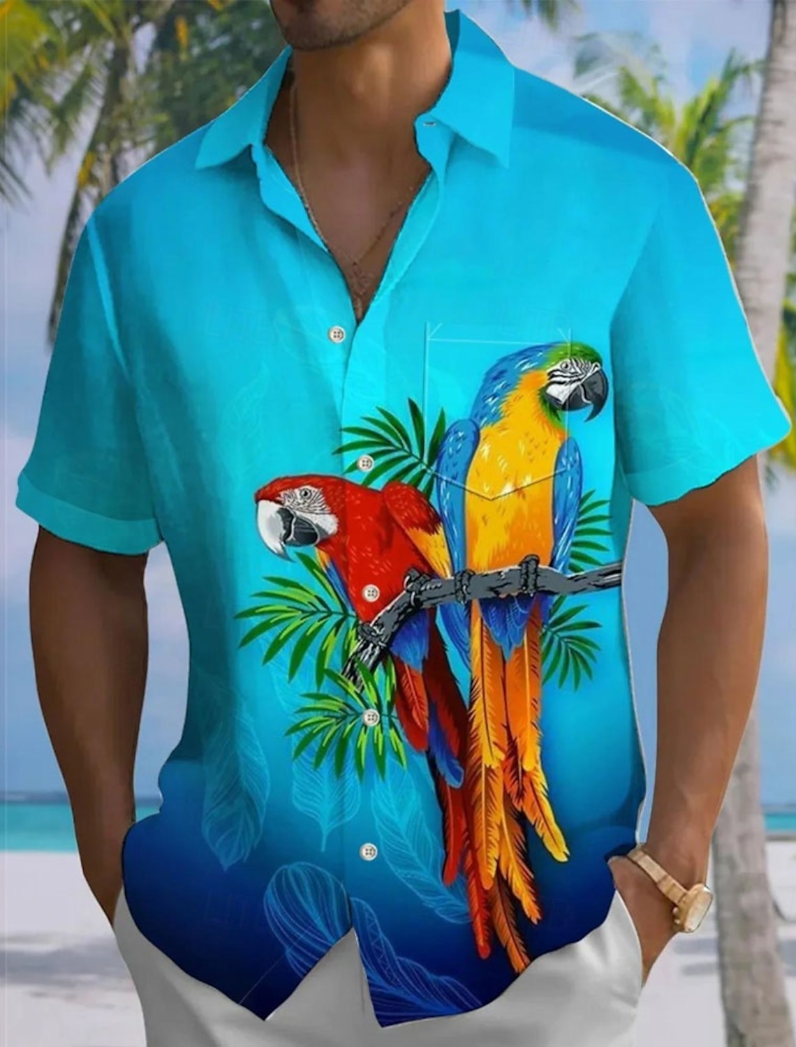 Men's Animal Parrot Gradient Color Summer Hawaiian Shirt Button Up