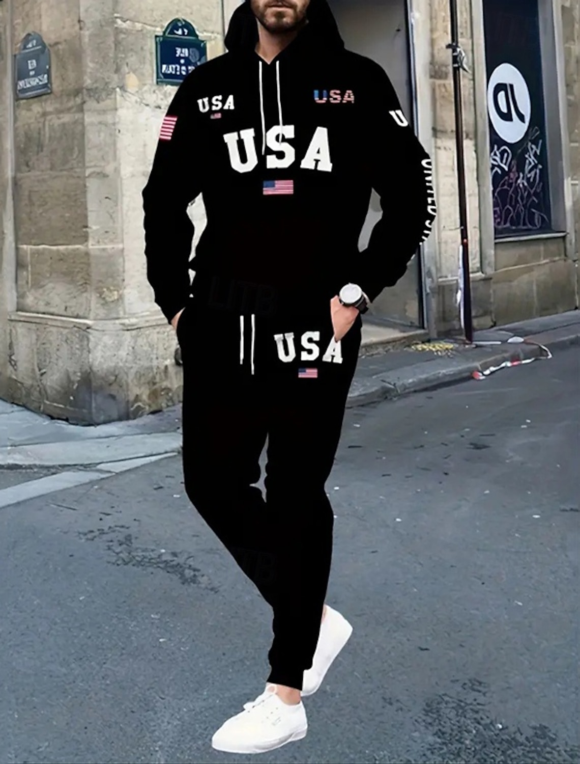 Independence Day American Independence Day Men's Jogging Suit Fleece Sweatsuit Sets Drawstring Letter Clothing Suit Fall & Winter Black Black White Workout Travel Sports Warm Long Sleeve Sport
