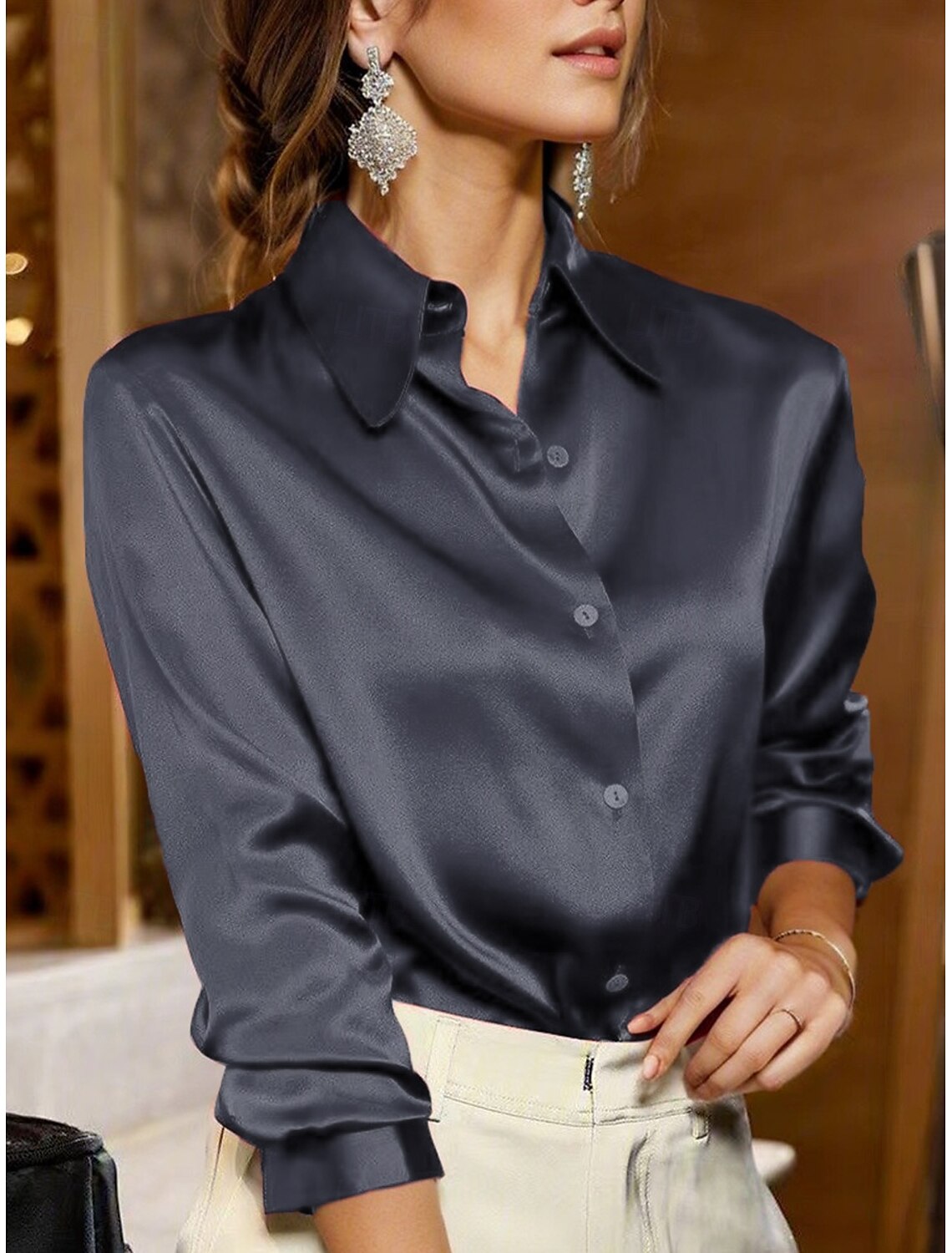 Women's Shirt Blouse Business Basic Mature Solid Color Plain Regular Tops Long Sleeve Shirt Collar Buttons Regular Fit Work Casual Daily Spring & Fall