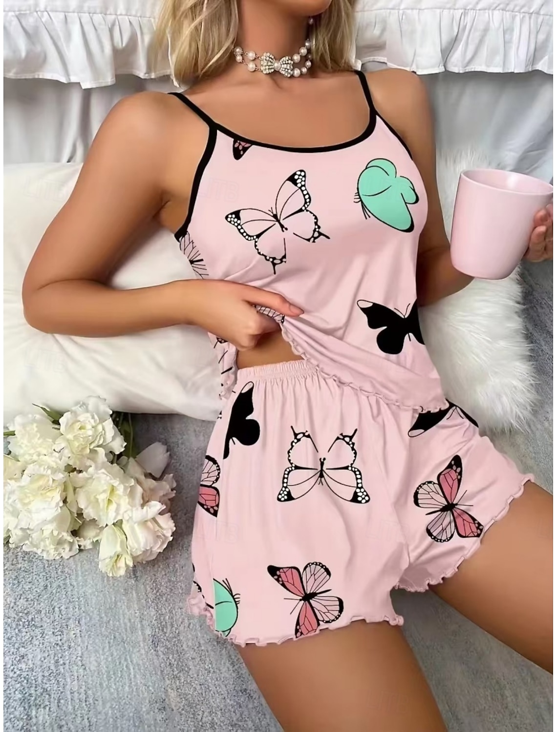 Women's Pajama Set Casual Comfort Butterfly Elastic Waist Shorts Daily Home Sleeveless Crew Neck Blue Pink Beige Summer Spring Regular Fit