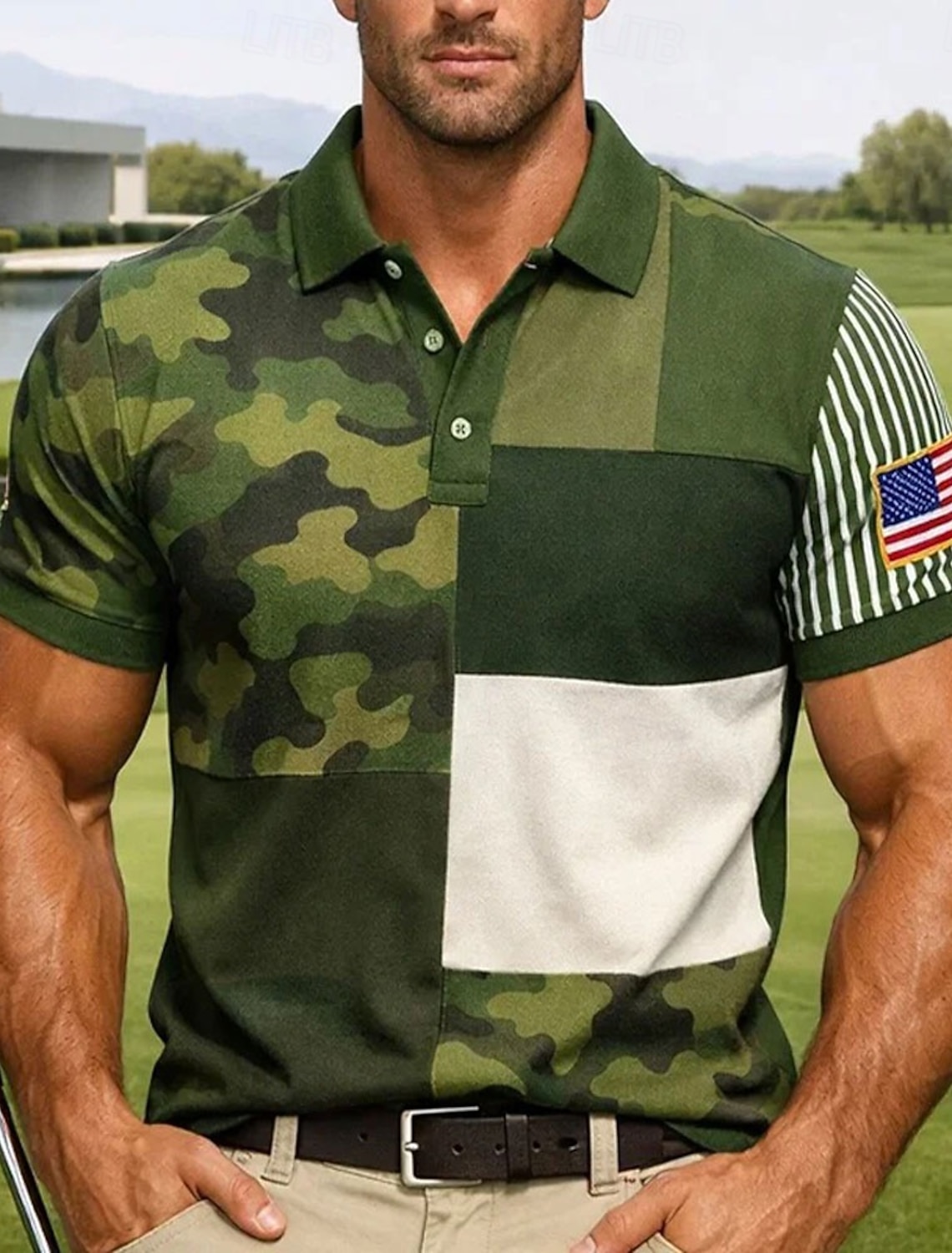 4th of July 2026 250th Men's American US Flag Golf Sports Polo Shirts Short Sleeve Polo Shirts Collared Shirts Casual Athleisure Buttons Spring & Summer Green Army Green Black