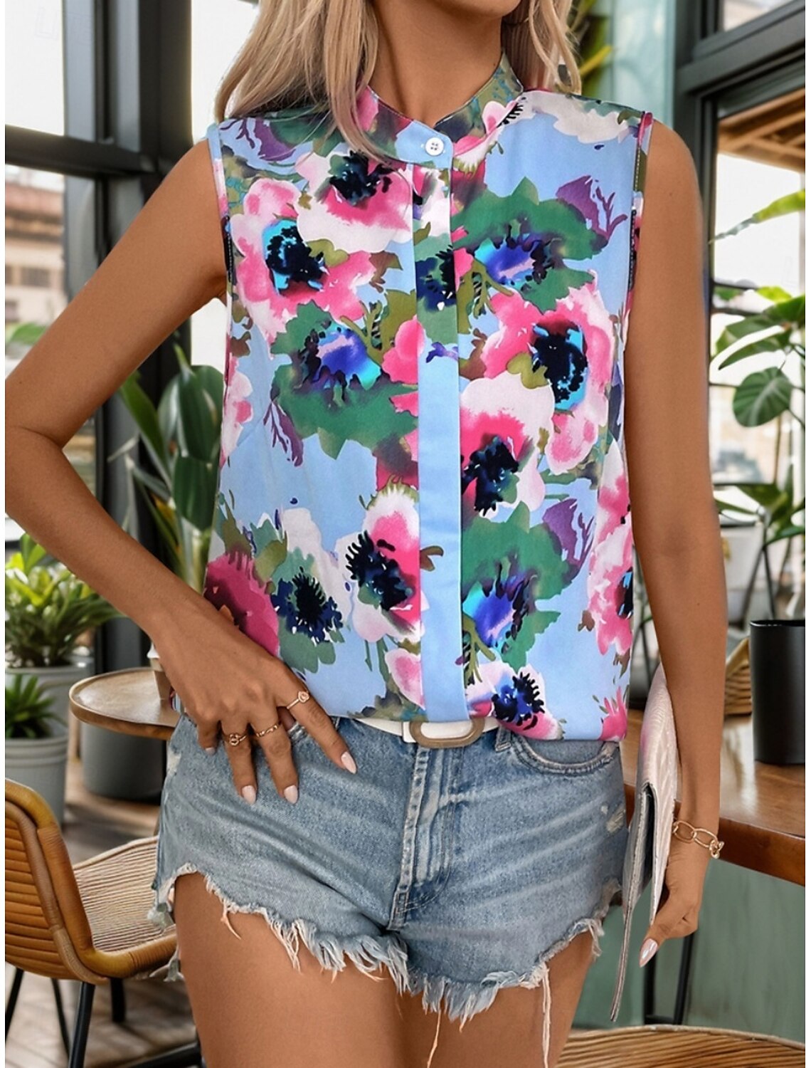 Women's Shirt Blouse Stylish Casual Floral Regular Tops Sleeveless Turtleneck Buttons Print Regular Fit Daily Summer