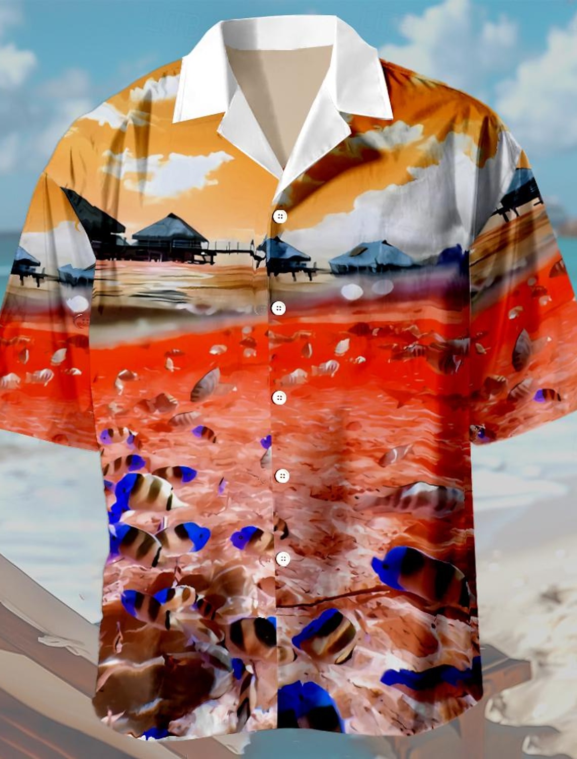 Men's Seascape Pattern Shirt Summer Hawaiian Shirt Aloha Shirt Short Sleeve Shirt Turndown Hawaiian Resort Casual Hawaiian Holiday Violet Orange Dark Blue S M L