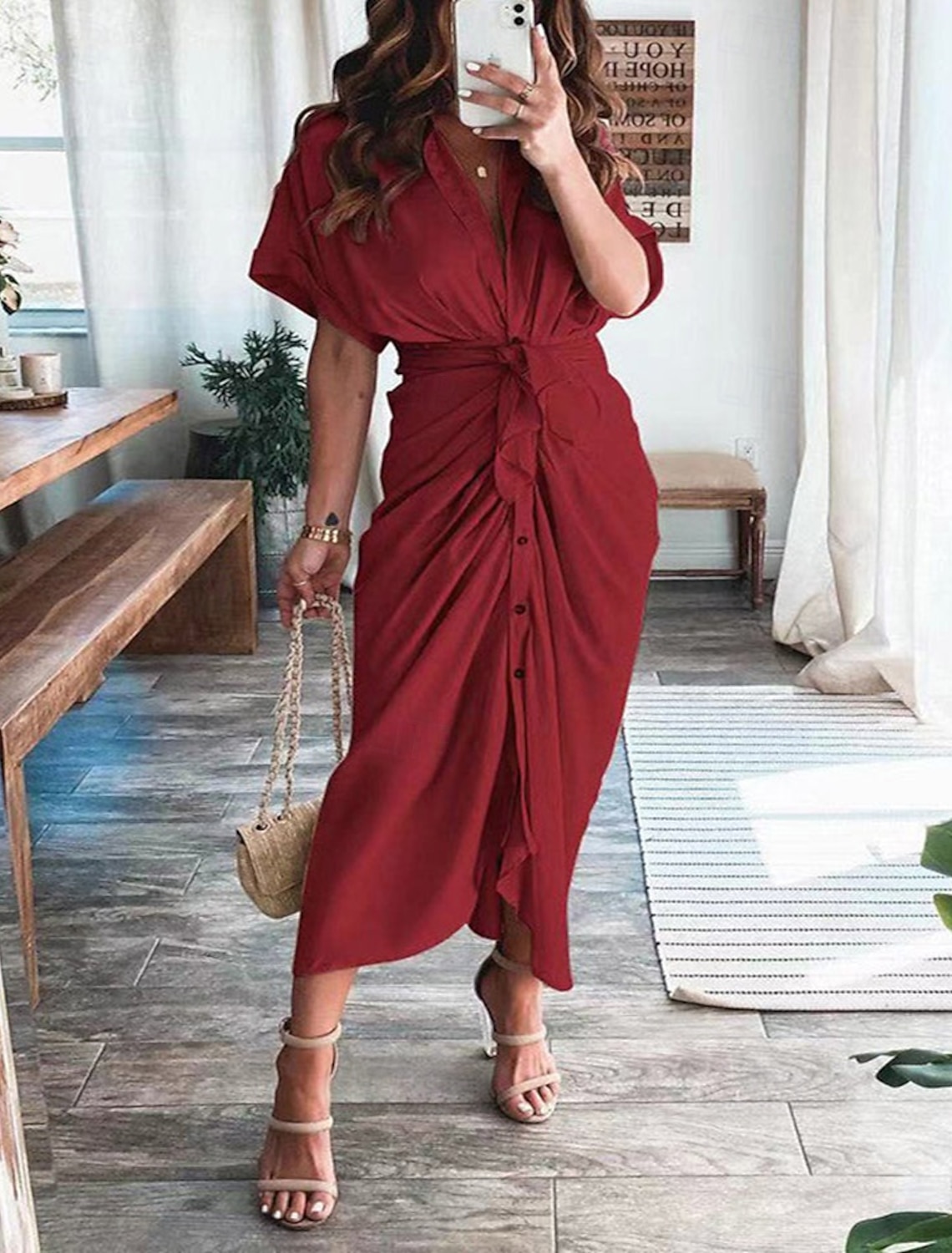 Women's Long Dress Maxi Dress Shirt Dress Casual Dress Summer Dress Stylish Casual Daily Vacation Date Regular Fit Plain Short Sleeve Lapel Black Champagne Red Orange Summer Spring