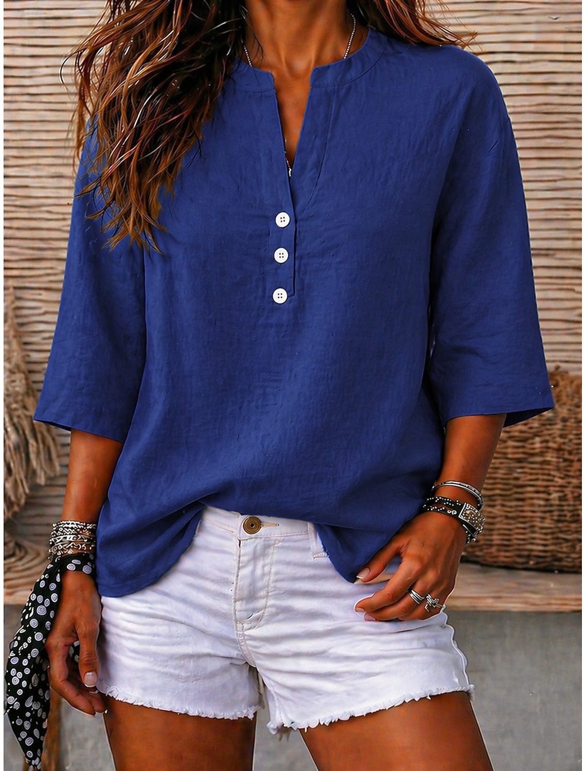 Women's T Shirt Henley Shirt Blouse Tee Elegant Daily Basic Fashion Half Sleeve V Neck Crop Tops Casual Daily Beach Khaki Black Pink Royal Blue Purple Summer Spring